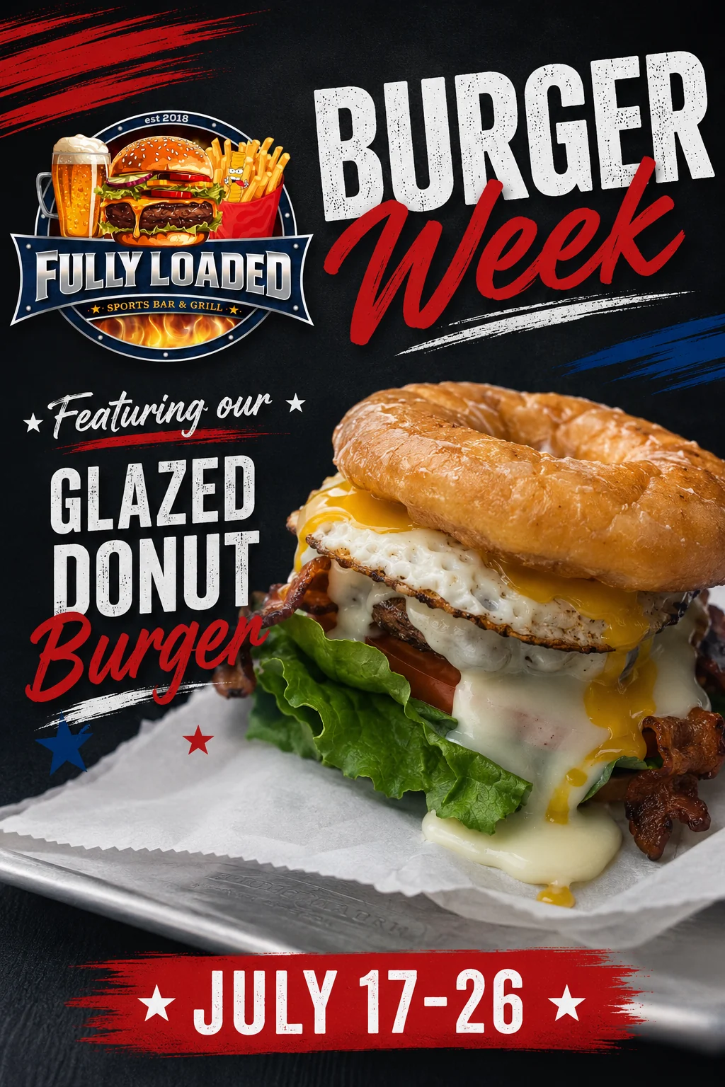 Burger Week flyer for July 17-26 featuring the Glazed Donut Burger