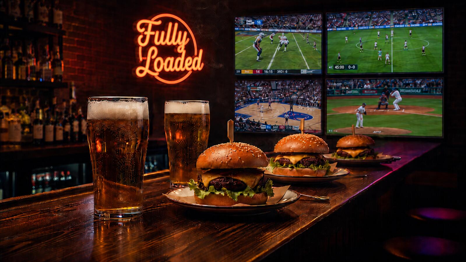 Fully Loaded sports bar dining room with bright signage and game-day atmosphere
